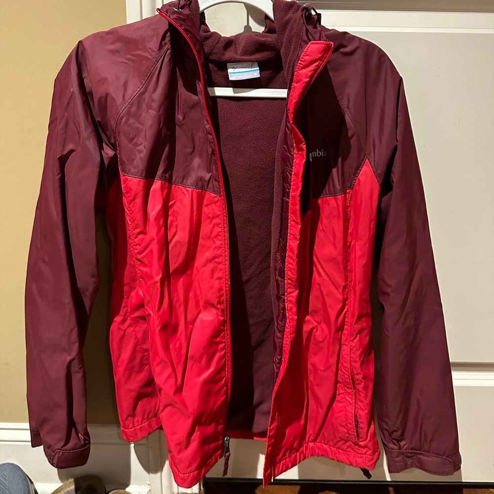 Columbia pink fleece lined rain jacket. Size Medium